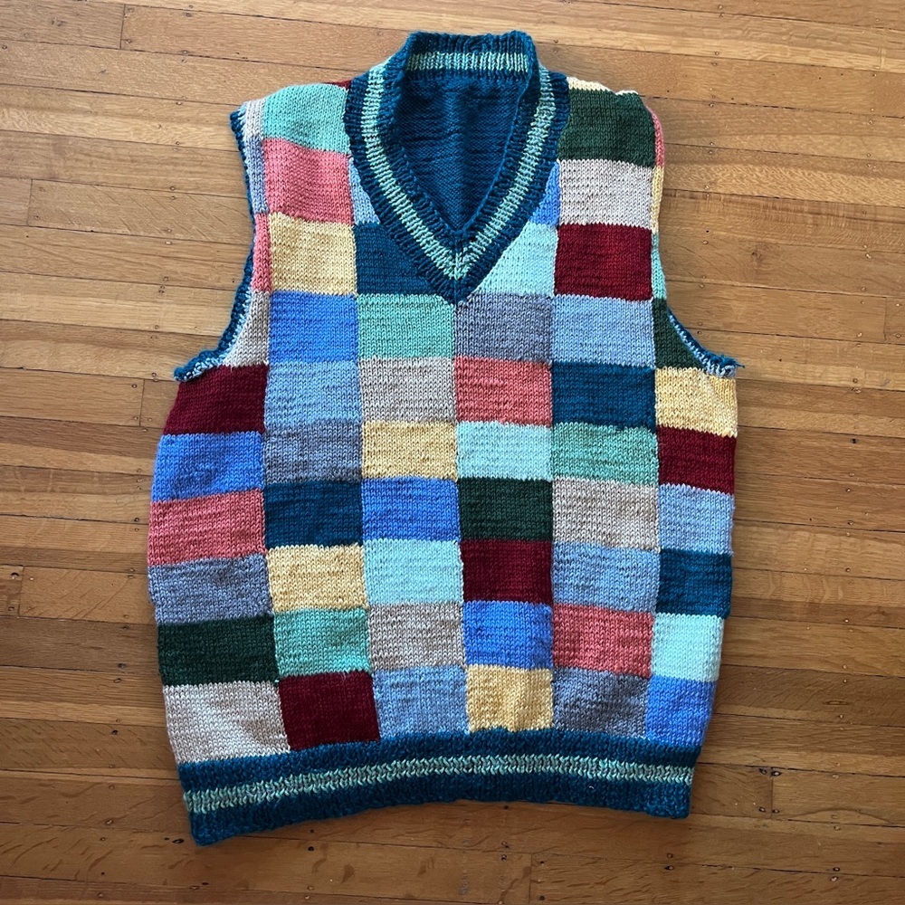 Handknit handmade colorful patchwork sweater vest eclectic grandpa plaid L XL M - Picture 2 of 11